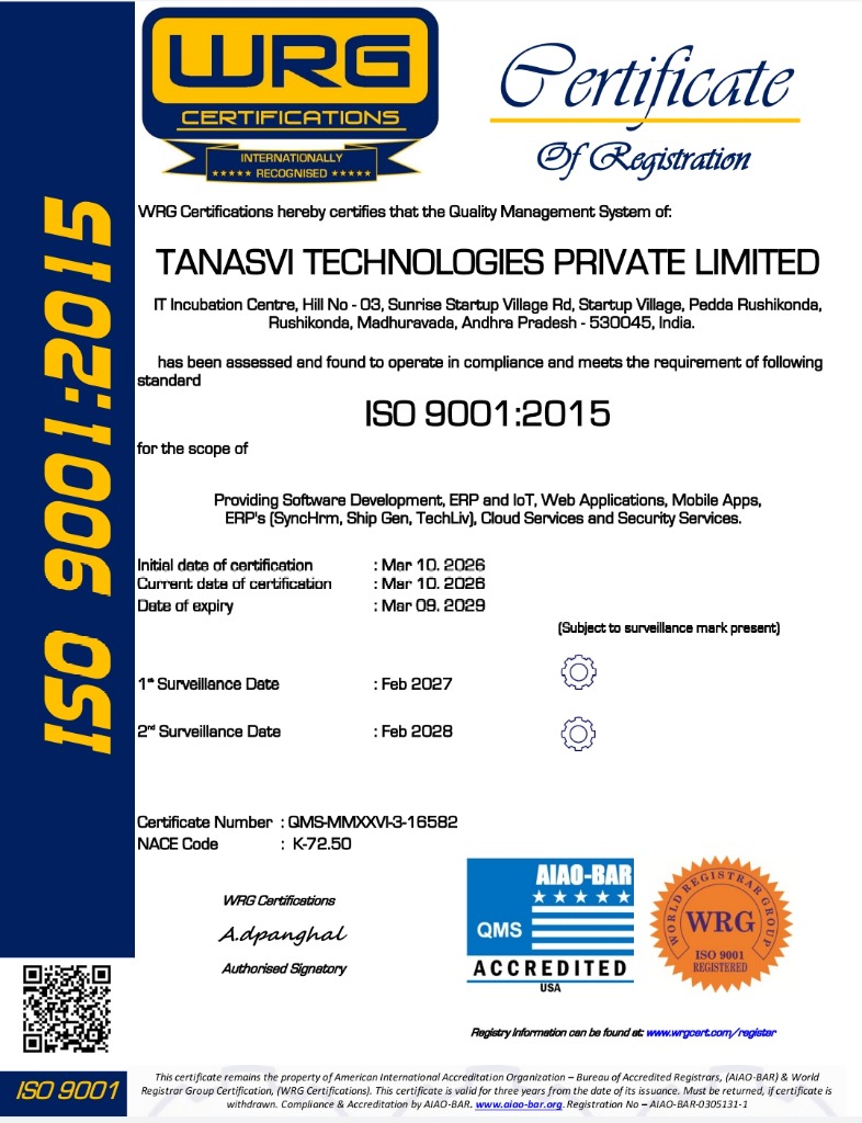 TANASVI TECHNOLOGIES ISO 9001:2015 Certificate of Registration